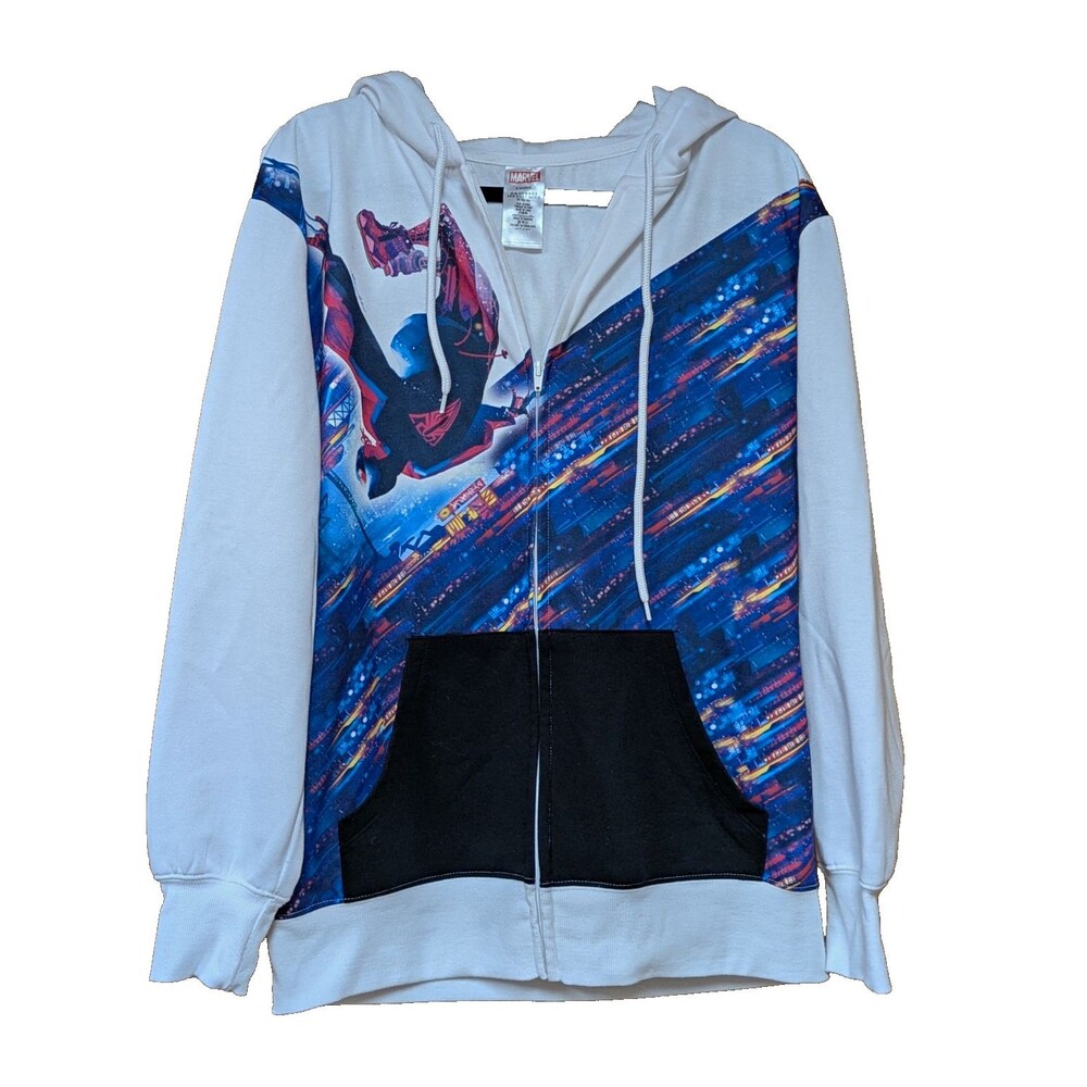 Marvel Spider-Man Men's White/Blue/Black Fleece Full Zip Hoodie Pockets Size M